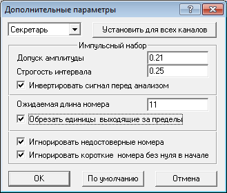 Параметры определения набранных исходящих номеров в стандарте импульсного набора